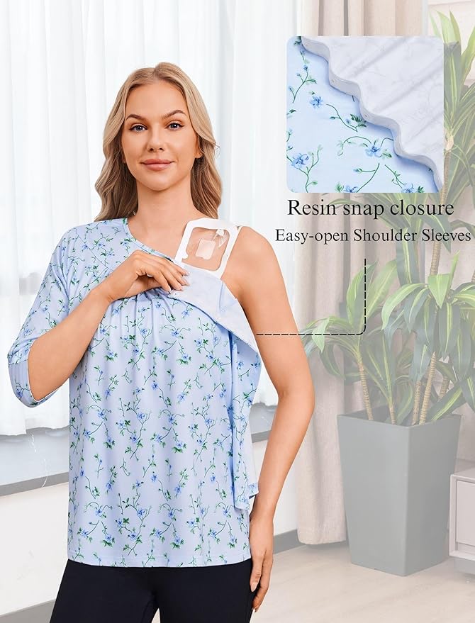 Deyeek Post Shoulder Surgery Shirt for Women Chemo Tear Away Shirt Snap Button 3/4 Sleeve Recovery Adaptive Clothing