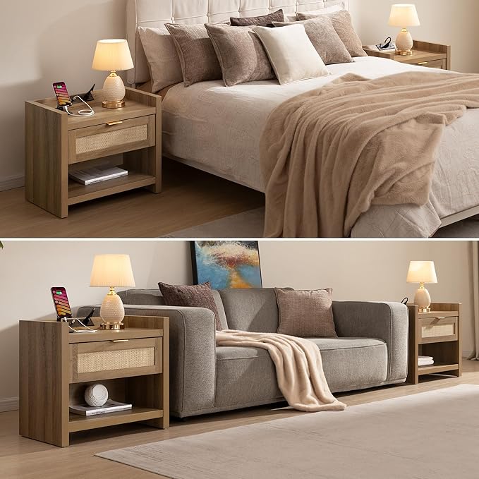 SICOTAS Night Stand Bed Side Table - Rattan Nightstand with Type-C Charging Station,Drawer Storage End Table - Boho Bedside Night Stands for Bedroom - Natural Oak