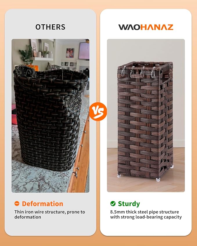 Rattan Umbrella Stand, Umbrella Holder for Entryway, Hand Woven Umbrella Rack Organizer Freestanding, with a Detachable Drip Tray, 4 Hooks, 6.5" L x 6.5" W x 16.5" H, Brown