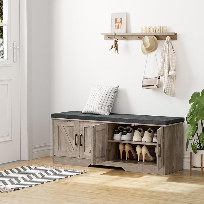 2-Tier Storage Bench, 47.2" Wide Shoe Bench with Padded Seat Cushion, Entryway Bench with 4 Barn Doors and Adjustable Shelf, Greige