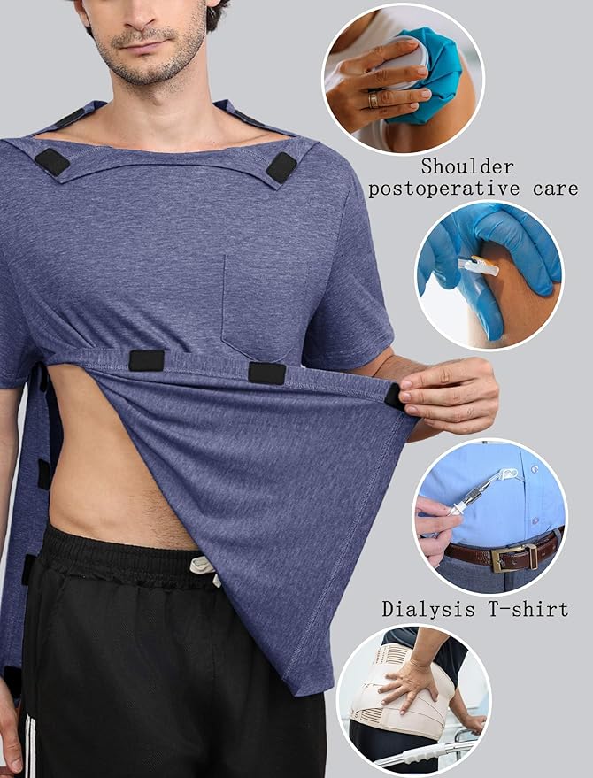 Deyeek Shoulder Post Surgery Recovery Shirts for Men Full Tear Away Short Sleeve T Shirt Adaptive Chemo Clothing