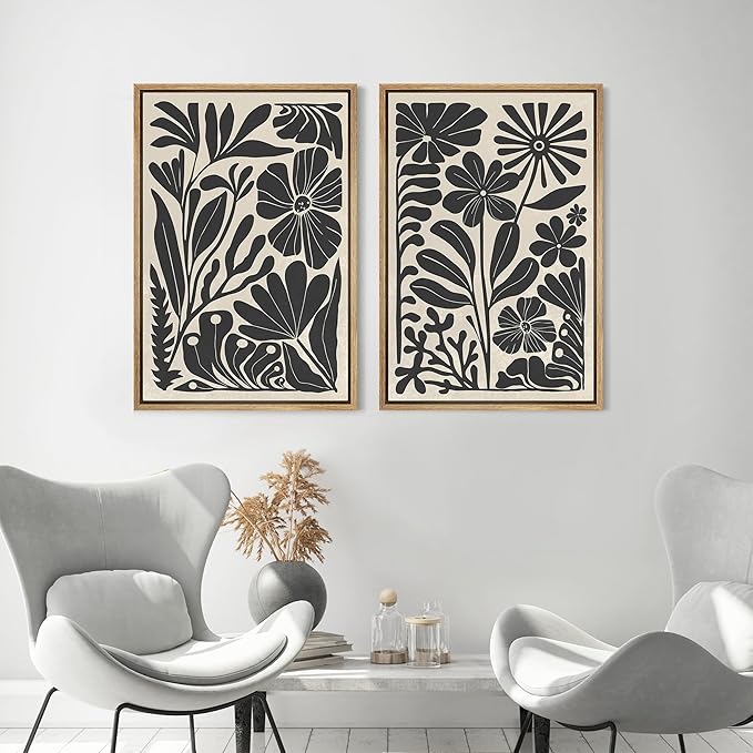 MUDECOR Framed Canvas Wall Art Abstract Floral Botanical Prints Minimalist Boho Wall Decor for Bedroom - 24"x36"x2 Natural