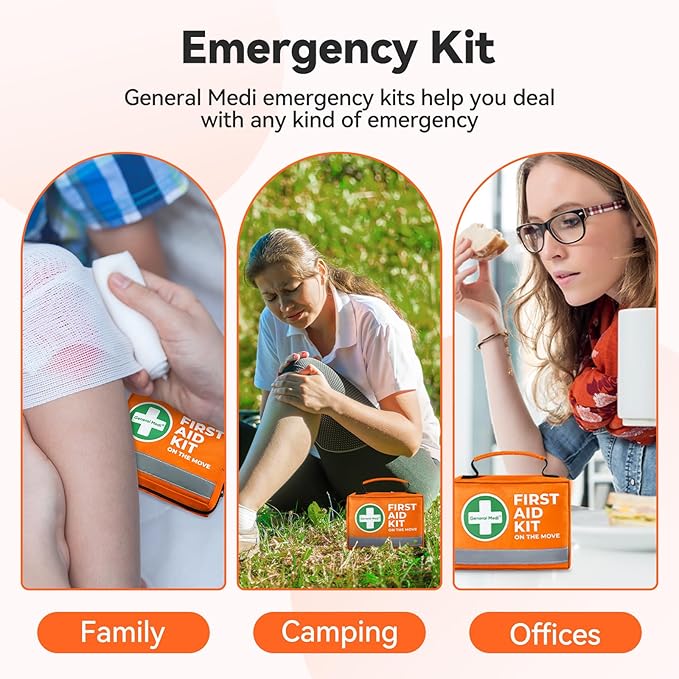 General Medi First Aid Kit - 150 Pieces Small Compact First Aid Kit Bag - Includes Instant Cold Pack, Emergency Blanket for Travel, Home, Office, Vehicle, Camping（Orange）