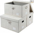 PRANDOM Storage Bins with Lids [3-Pack] Linen Fabric Foldable Storage Boxes Organizer Containers Baskets Cube with Cover Beige (23.4X15.9X11.4)
