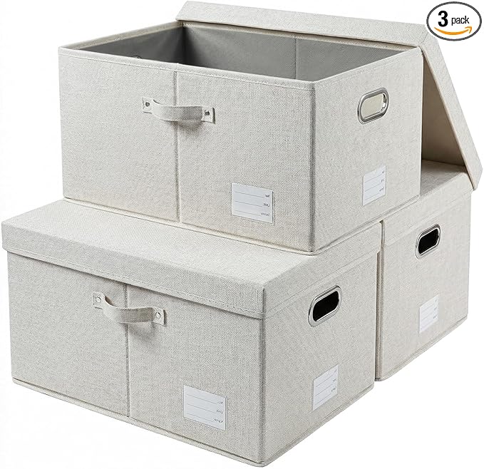 PRANDOM Storage Bins with Lids [3-Pack] Linen Fabric Foldable Storage Boxes Organizer Containers Baskets Cube with Cover Beige (23.4X15.9X11.4)