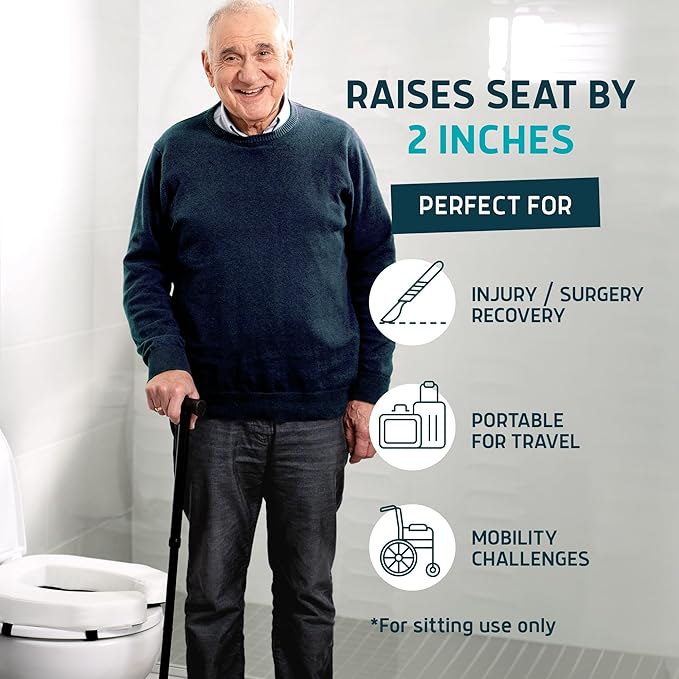 Lunderg Padded Toilet Seat Riser for Seniors - Adds 2 inches. Universal Fit - FIRM Raised Toilet Seat Cushion with High-Density Foam for Enhanced Comfort & Elevation. Post-Surgery Must have (White)