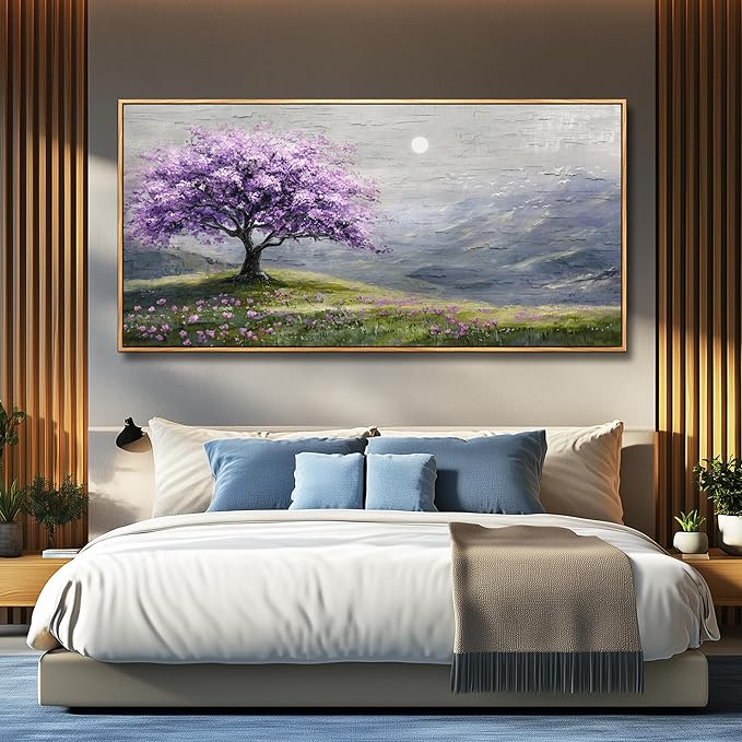 FUHAIHUA Wood Framed Canvas Wall Art For Living Room Large Wall Decor For Office Bedroom Decorations Purple Tree Pictures Farmhouse Painting Artwork Room Wall Mural Aesthetic Home Decor 30x60 In