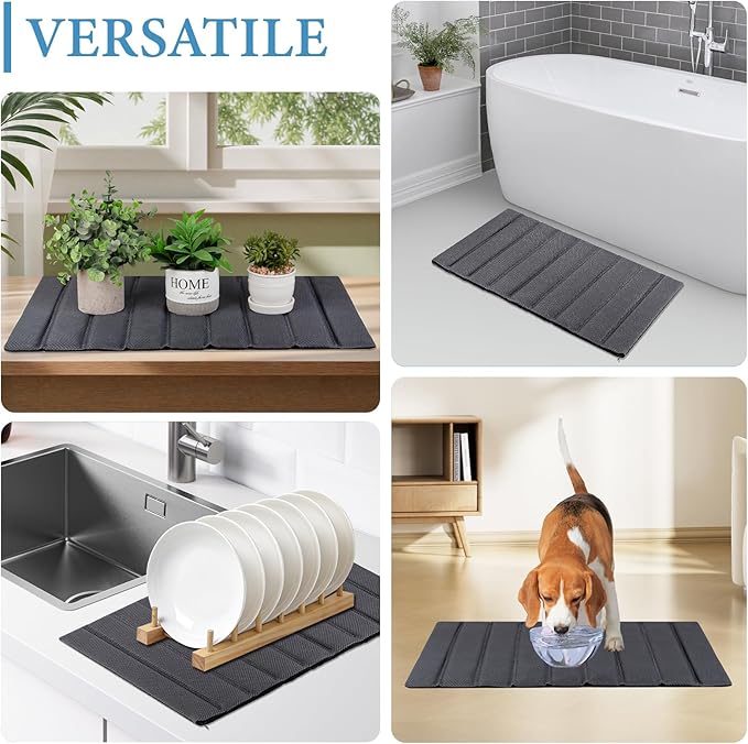 Ultra Quick Drying Stone Bath Mat Diatomaceous Earth Shower Mat Non-Slip Foldable Dish Drying Mats for Bathroom Floor, Kitchen Counter, Pet, 23x15, Gray