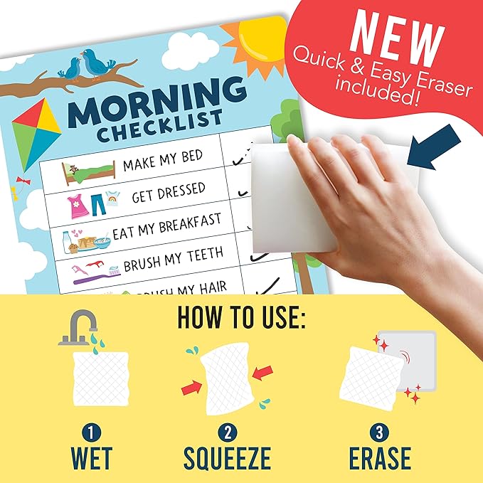 Magnetic Morning & Bedtime Routine Chart for Kids - Customizable Toddler Daily Schedule Board with Dry Erase Surface, Stickers & Marker, Build Habits with Visual Checklists, Colorful Doodle Theme