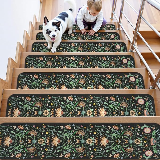 OJIA Floral Stair Treads Non-Slip Stair Runner for Wooden Steps Indoor 15PCS 30"x8" Carpet Stair Treads Stair Mats Staircase Step Treads for Kids, Elders and Dogs, Stair Covers, Black