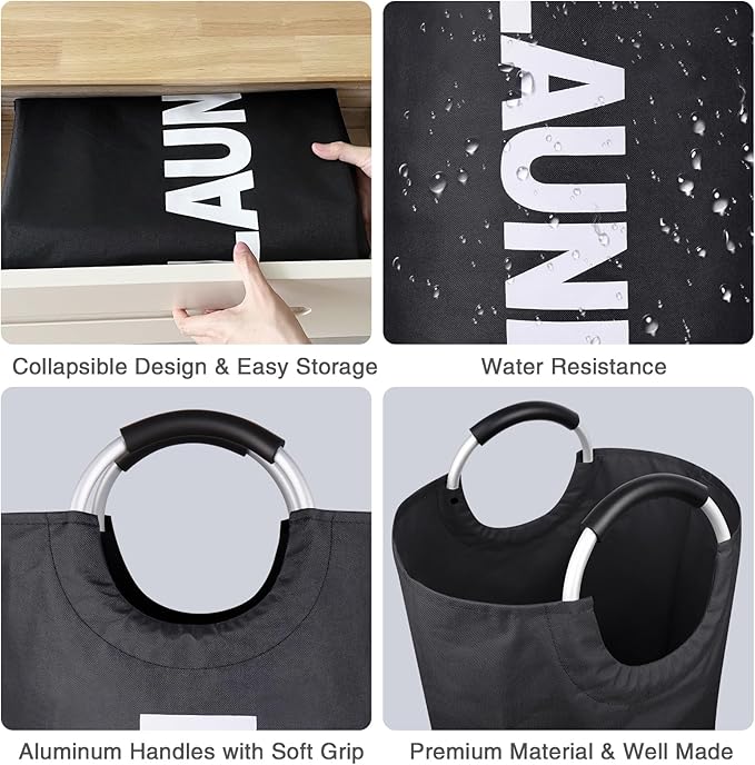 Tall Laundry Hamper with Handles，Large Laundry Basket, Freestanding Clothes Hamper Bag – Folding Dirty Fabric Laundry Bin for College Dorm，Laundry Room, Sturdy, Lightweight – 95L (Black)