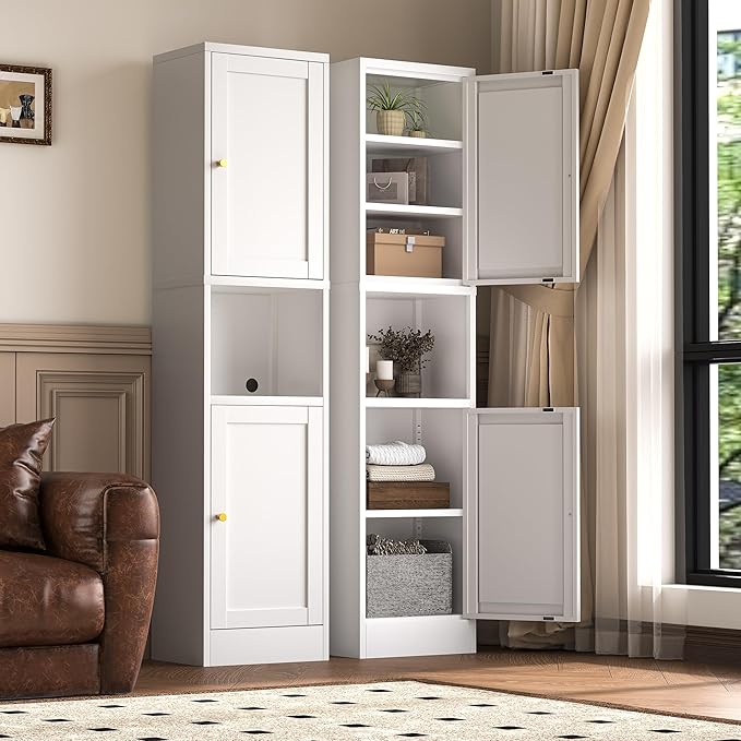 2-Door Metal Storage Cabinet, Tall Slim Pantry Organizer with 3 Adjustable Shelves (120LBS/Shelf), Anti-Tipping Waterproof Cabinet for Bathroom/Kitchen/Home Office/Small Spaces, (1PC,White)