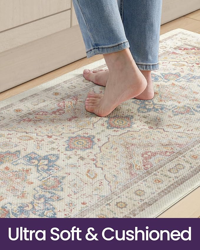 DEXI Kitchen Mats for Floor Cushioned, 17x29+17x59 Extra Large Runner Rug Non Slip, Waterproof Soft Comfort Standing Padded Anti Fatigue Decorative Set of 2, Light Beige