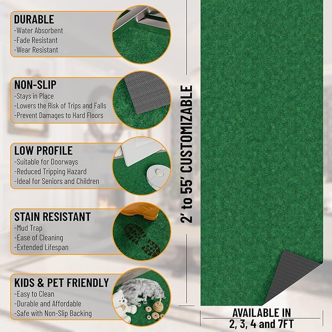 Ottomanson 6'6" x 51' Hallway Runner with Scraper Pile - Extra Durable Non-Slip Rug Mat for Indoor & Outdoor Use - Ideal for Kitchen, Entryway & Garage - High-Traffic Carpet, Green