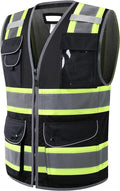 JKSafety 11 Pockets Hi-Vis Black Mesh Safety Vest for Men Women High Visibility Reflective Construction with Zipper Work Utility PPE Work Gear ANSI/ISEA compliant (102-Black 3XL)