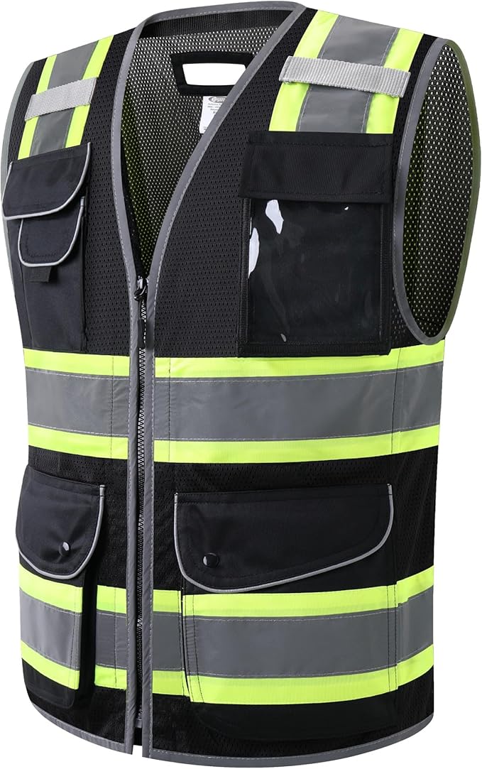 JKSafety 11 Pockets Hi-Vis Black Mesh Safety Vest for Men Women High Visibility Reflective Construction with Zipper Work Utility PPE Work Gear ANSI/ISEA compliant (102-Black XL)