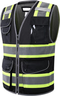 JKSafety 11 Pockets Hi-Vis Black Mesh Safety Vest for Men Women High Visibility Reflective Construction with Zipper Work Utility PPE Work Gear ANSI/ISEA compliant (102-Black XL)