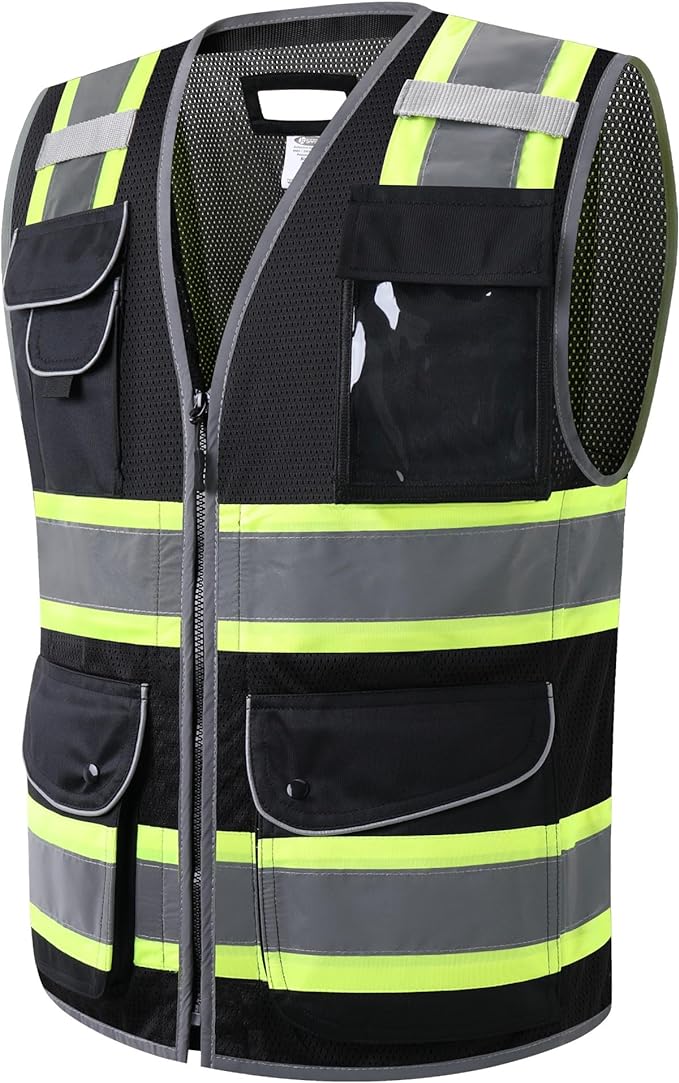 JKSafety 11 Pockets Hi-Vis Black Mesh Safety Vest for Men Women High Visibility Reflective Construction with Zipper Work Utility PPE Work Gear ANSI/ISEA compliant (102-Black 5XL)