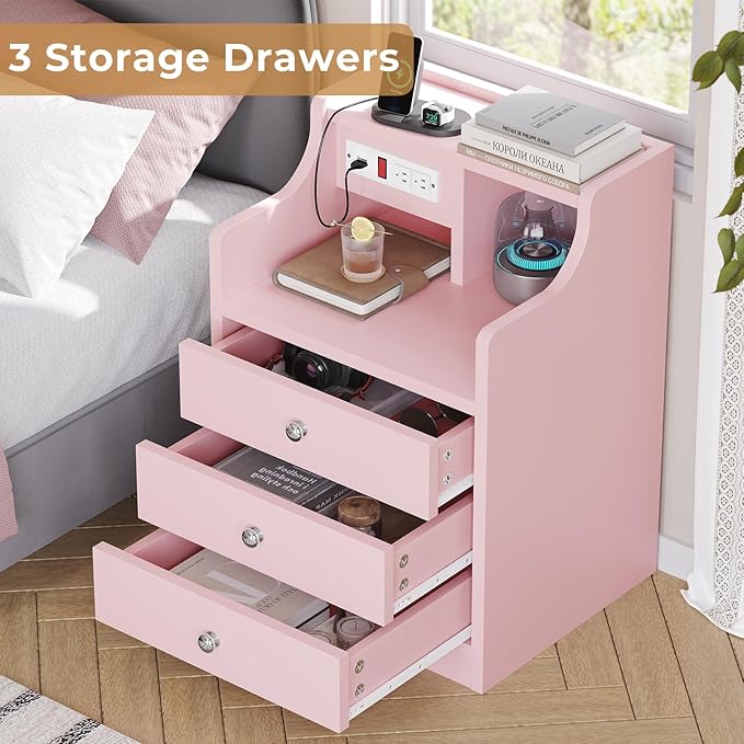 ADORNEVE Nightstand with Charging Station,Pink Night Stand with Hutch,Bedside Table with Drawers,Bed Side Table with Storage