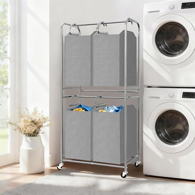 STORAGE MANIAC 4 Section Vertical Laundry Hamper, 2 Tier Laundry Sorter with 4 Removable Tote Bags, Rolling Clothes Basket for Towels, Blankets, Tall Dirty Clothes Hamper for Closet, Bathroom, 4 Bags