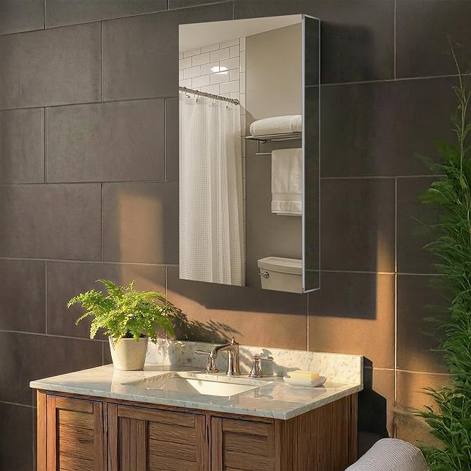 Fine Fixtures Bathroom Medicine Cabinet - Single Door, Aluminum, Recessed/Surface Mount, 24" x 36", Right/Left Hinged, Mirrored Interior