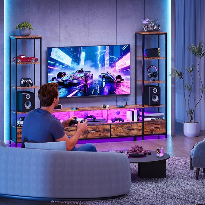Entertainment Center with Storage, TV Stand for TVs Up to 70", with 5-Tier Bookshelf, 5 Fabric Drawers & Power Outlet, Modern LED TV Console Table, Media Center for Living Room Bedroom Home Office