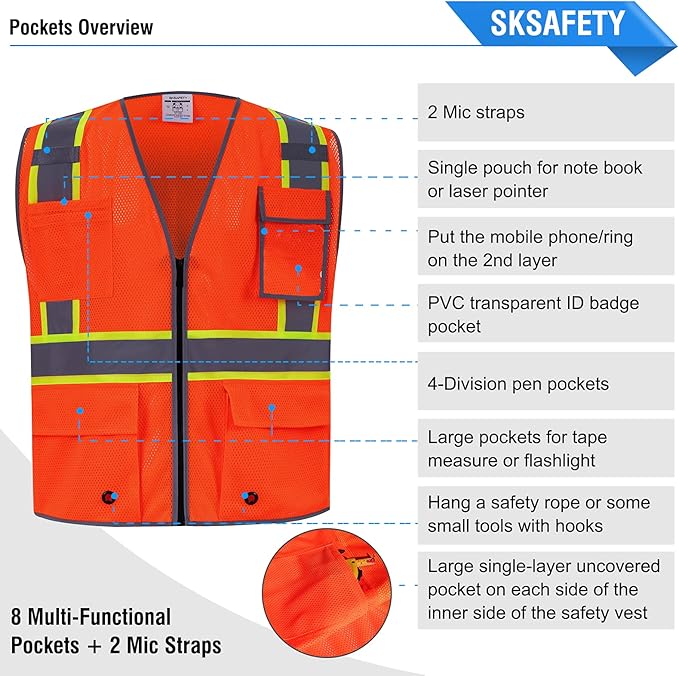 SKSAFETY 10 Pockets Safety Vest, Class 2 High Visibility Security with Zipper Double-sided mesh, Hi Vis Vest with Reflective Strips, ANSI/ISEA Standard, Construction Work Vest （Orange, 3XL）