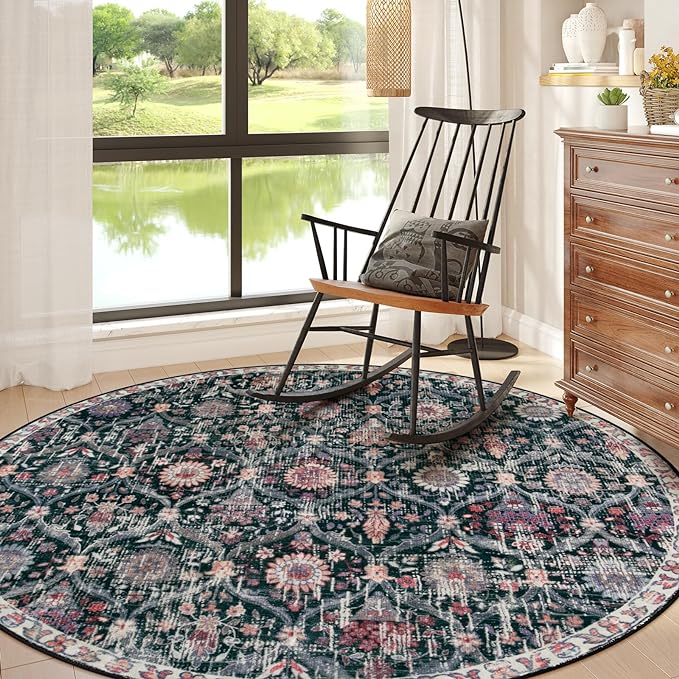 Lahome Moroccan Trellis Washable Round Area Rug, Round Rug 5ft Soft Non-Slip, Non-Shedding Distressed Circle Carpet for Bedroom Living Room Bathroom Nursery Kitchen, Black/Multi