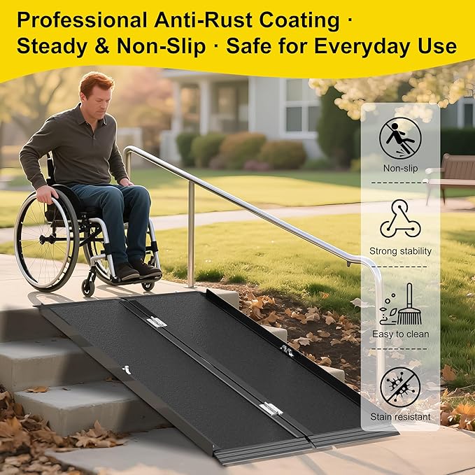 4FT Portable Wheelchair Ramp with Quick-Lock, Black Seamless Non-Slip Aluminum Folding Handicap Ramp,Threshold Ramp for Doorways, Wheel Chair Ramp for Home Steps, Loading Dock Plates