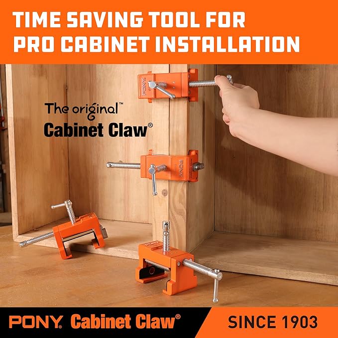 PONY 4-Pack Cabinet Clamps, 8510 Cabinet Claw, Face Frame Clamps for Installing Cabinets, 440 lbs Load Limited Orange