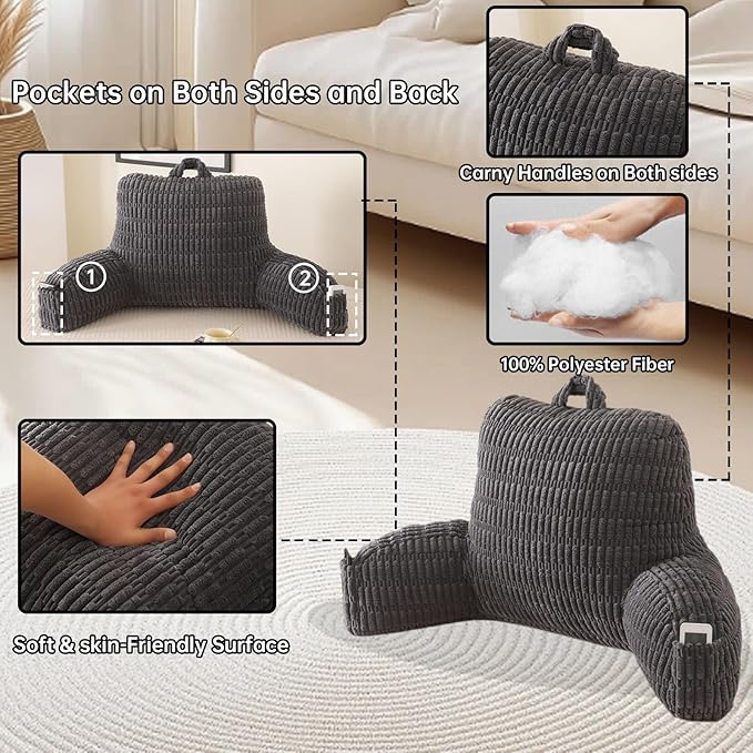 Reading Pillow for Sitting in Bed, Large Backrest Reading Pillow with Arm Rest,Back-Rest Support Cushion for Sit Up on Couch, Sofa, and Floor, Dorm Essentials (Grey Corduroy, Large(19"))