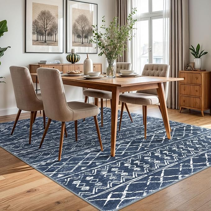 KUTA Area Rug 5x7 Navy Blue, Washable Boho Large Living Room Moroccan Rugs Non-Slip, Ultra Soft Geometric Traditional Farmhouse Carpet for Dining Room Bedroom Dorm Office Home Décor