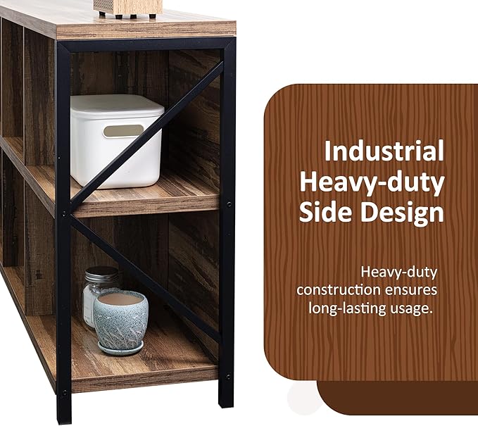 8 Cube Storage Organizer Bookshelf, Industrial Horizontal Bookcase, Accent Cubby Shelf, Media Console Table for Living Room, Home Office, 13.6" D x 63" W x 30.9" H, Light Oak