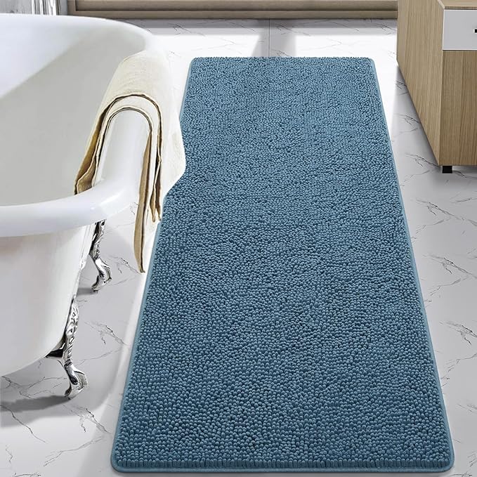 LOCHAS Luxury Bathroom Rug Shaggy Bath Mat 24 x 70 Inch, Washable Non Slip Bath Rugs for Bathroom Shower, Soft Plush Chenille Absorbent Carpets Mats, Denim Blue