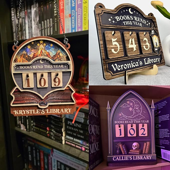 Personalized Book Tracker Sign, Custom Books Read This Year Counter up to 999 Books, Moon Celestial Book Lover Gift for Readers, Librarians, Writers, Halloween Bookshelf Decor for Home Library