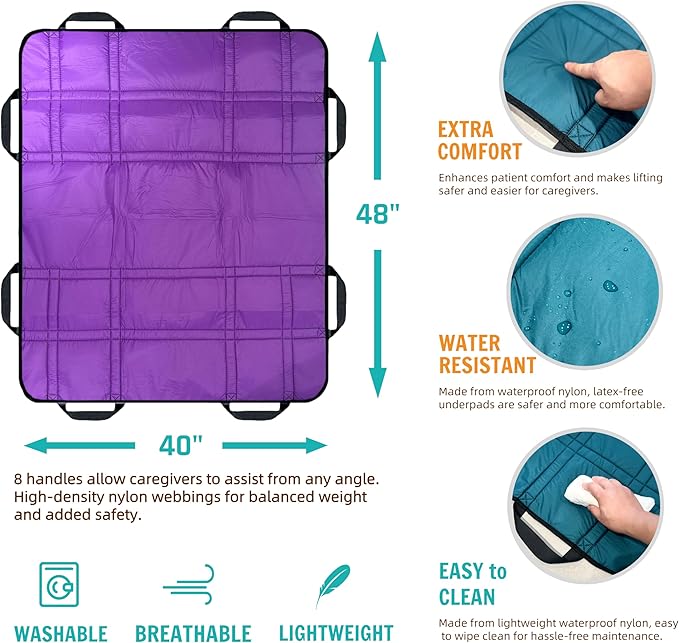 Upgraded 3-Layer Comfort Positioning Bed Pad with Handles Washable Waterproof Transfer Board for Turning Moving Patient Inconvenience Care Transfer Sheet, 48" x 40", Large, Lavender Purple