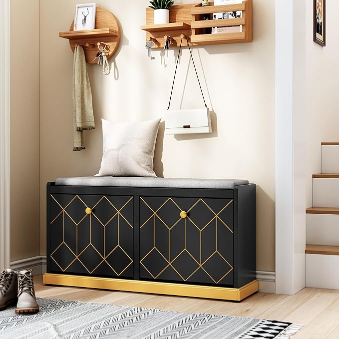 HLR Modern Shoe Bench with Storage, Entryway Bench with 2 Flip Drawer & Padded Cushion Seat, Shoes Storage Bench for Hallway, Closet, Living Room, Black Shoe Storage Cabinet with Bench