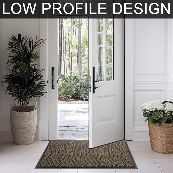 Front Door Mat 29.5"x17" Indoors Outdoors Welcome Mats, Waterproof Non-Slip Rubber Backing Heavy Duty Doormat Outside Entrance, Low Profile Entryway Rugs Floor Mat for Patio, Pattern B Brown