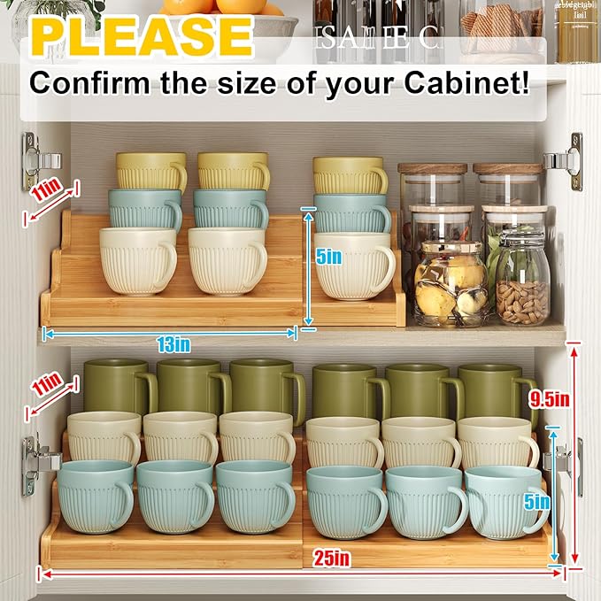 3-Tier Expandable Bamboo Mug Holder for Countertop Coffee Cup Holder Display Mug Organizer Mug Rack for Coffee Bar Organizer Mug Shelf for Cabinet for Kitchen, Home