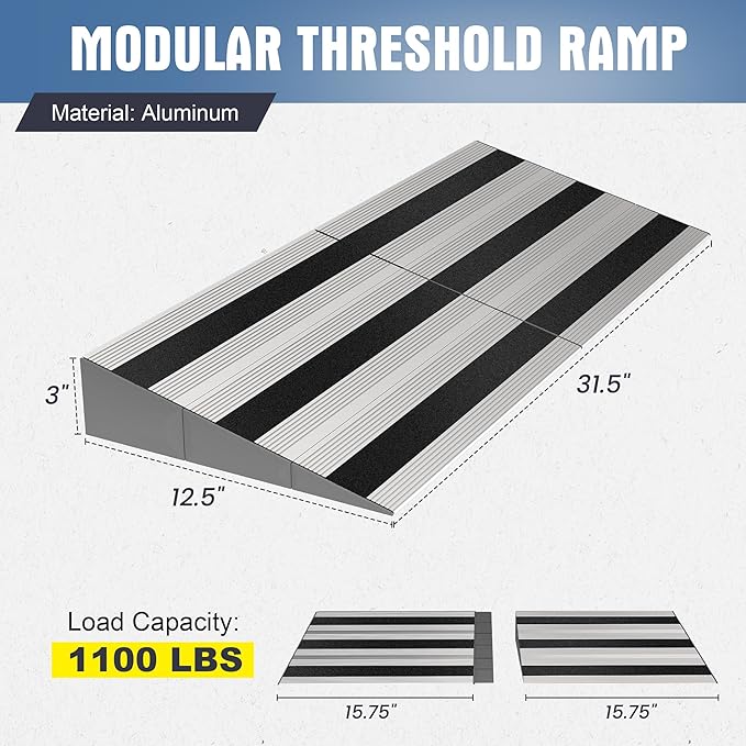 3" Rise Modular Threshold Ramp for Doorways, Stable Wheelchair Ramp for Home Steps, Aluminum Door Ramp and Curb Ramp for Scooters, Power Chairs, Cars, 1100LBS Load Capacity