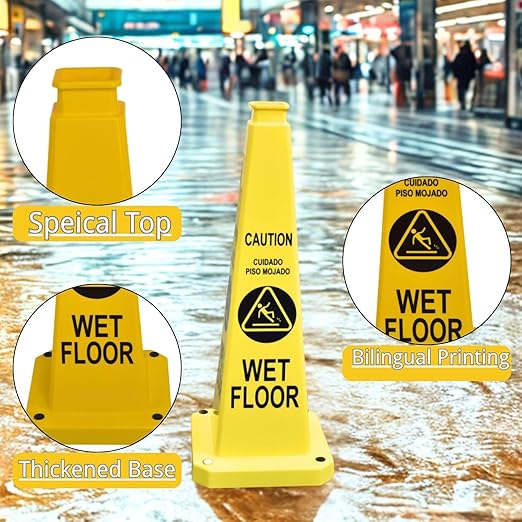 BESEA Caution Wet Floor Sign 6 Pack, 28" Heavy Duty Safety Cone with Weighted Base, Yellow 4-Sided Bilingual Warning Sign, Non-Slip Floor Safety Cone for Restaurants, Stores, Schools, Hotels