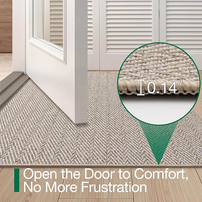 LUMI Ultra Thin Indoor Door Mat for Entrance 17"x30", Non Slip Entryway Mat, Low Profile Doormat, Unique Herringbone Design Carpet for Inside, Patio, Porch, Beige