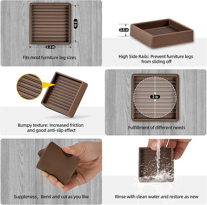 xxxHOLIC Non Slip Furniture Pads, 2” x 2” Brown Square, Set of 4, Anti Skid Furniture Feet Coasters, Rubber Grippers for Hardwood Floors, Bed Couch Stoppers to Prevent Sliding and Floor Scratches