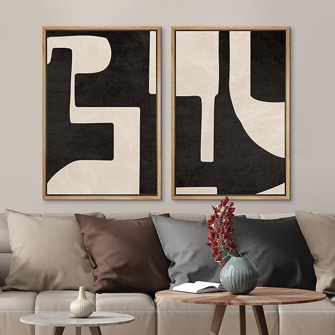 MUDECOR Framed Canvas Print Wall Art Black & White Geometric Paint Stroke Decor Abstract Nature Illustration Modern Art Decorative Multicolor Geometric Minimal for Bedroom - 24"x36"x2 Natural