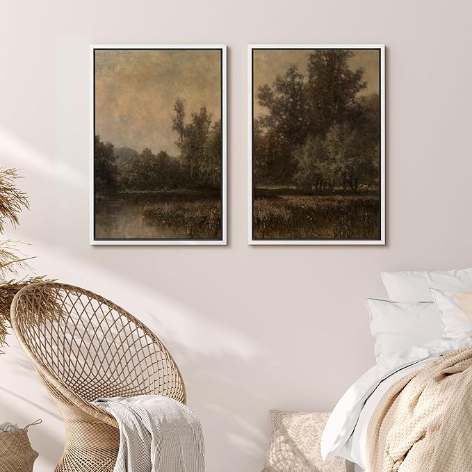 MUDECOR Framed Canvas Print Wall Art Wildflower Meadow Romantic Impressionist Floral Landscape Illustrations Modern Art Decorative Bohemian Chic for Living Room, Bedroom, Office - 24"x36"x2 White