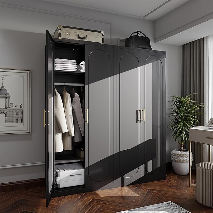 Metal Armoire Wardrobe Closet with Doors and Shelves, 71" Tall Wardrobe Closet with Hanging Rod, Freestanding Clothes Cabinets, Large Wardrobes for Bedroom, Home Office, Employee, Black