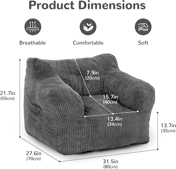 32" Bean Bag Chair,Loveseat Sofa,Corduroy Lazy Sofa Bed for Adults,Fit Living Room, Bedroom,Outdoor Spaces,Ultra Soft Dutch Velvet,Fluffy Comfort Washable Cover,72h Rebound,Grey