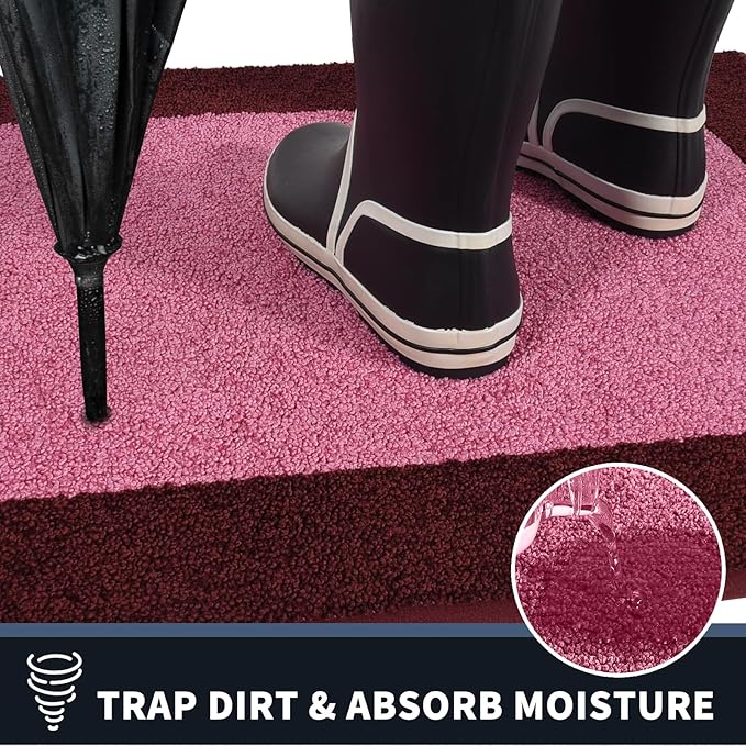 PURRUGS Dirt Trapping Door Mat 24" x 60", Non-Slip/Skid Machine Washable Entryway Rug, Shoes Scraper, Throw Rug, Super Absorbent Area Rug for Muddy Wet Shoes and Paws, Pink & Burgundy Red