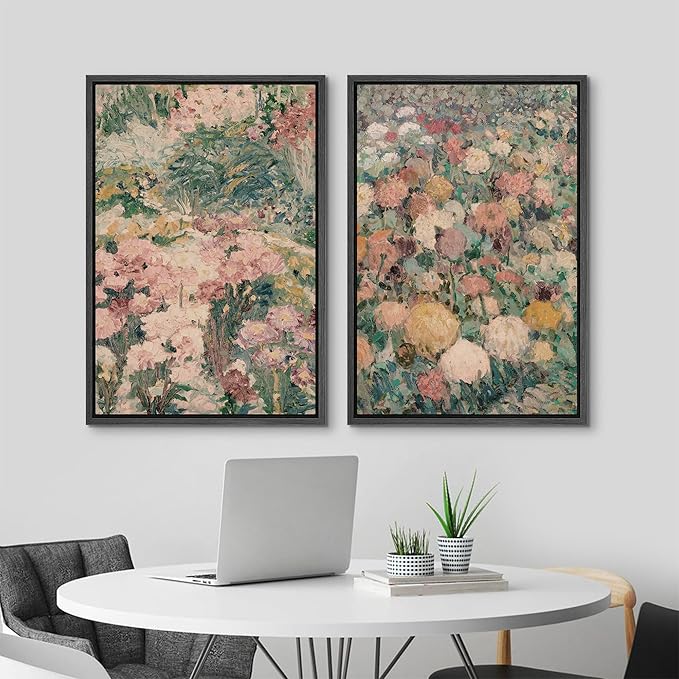 MUDECOR Framed Canvas Print Wall Art Impressionist Floral Garden Vintage Botanical Illustrations Modern Art Decorative Bohemian Colorful Chic for Living Room, Bedroom, Office - 16"x24"x2 Black