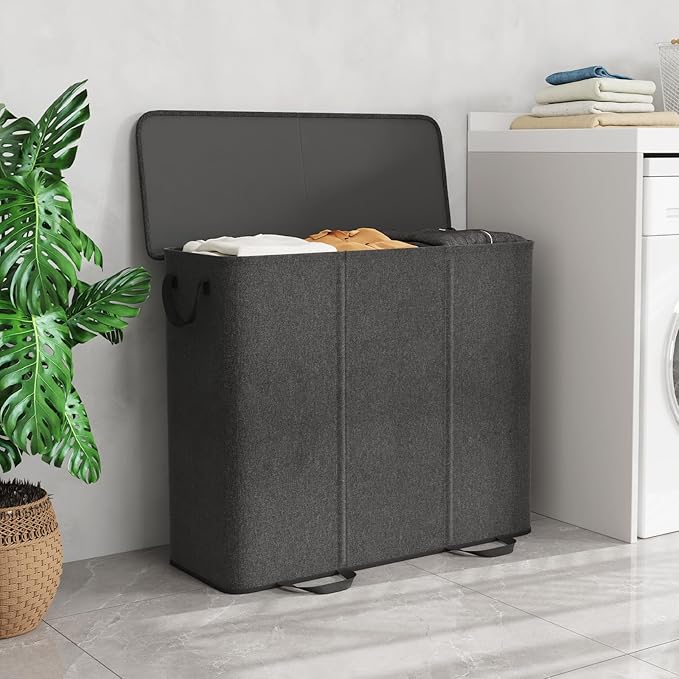 Lifewit Triple Laundry Hamper with Lid and Removable Laundry Bags, Large Collapsible 3 Dividers Dirty Clothes Basket with Handles for Bedroom, Laundry Room, Closet, Bathroom, College, 185L Black